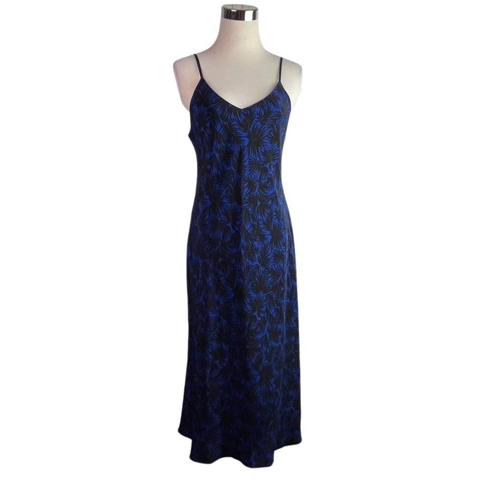 Casual Corner Dress Silk 6 Blue Black Tropical Palm Leaf Maxi Spaghetti Strap